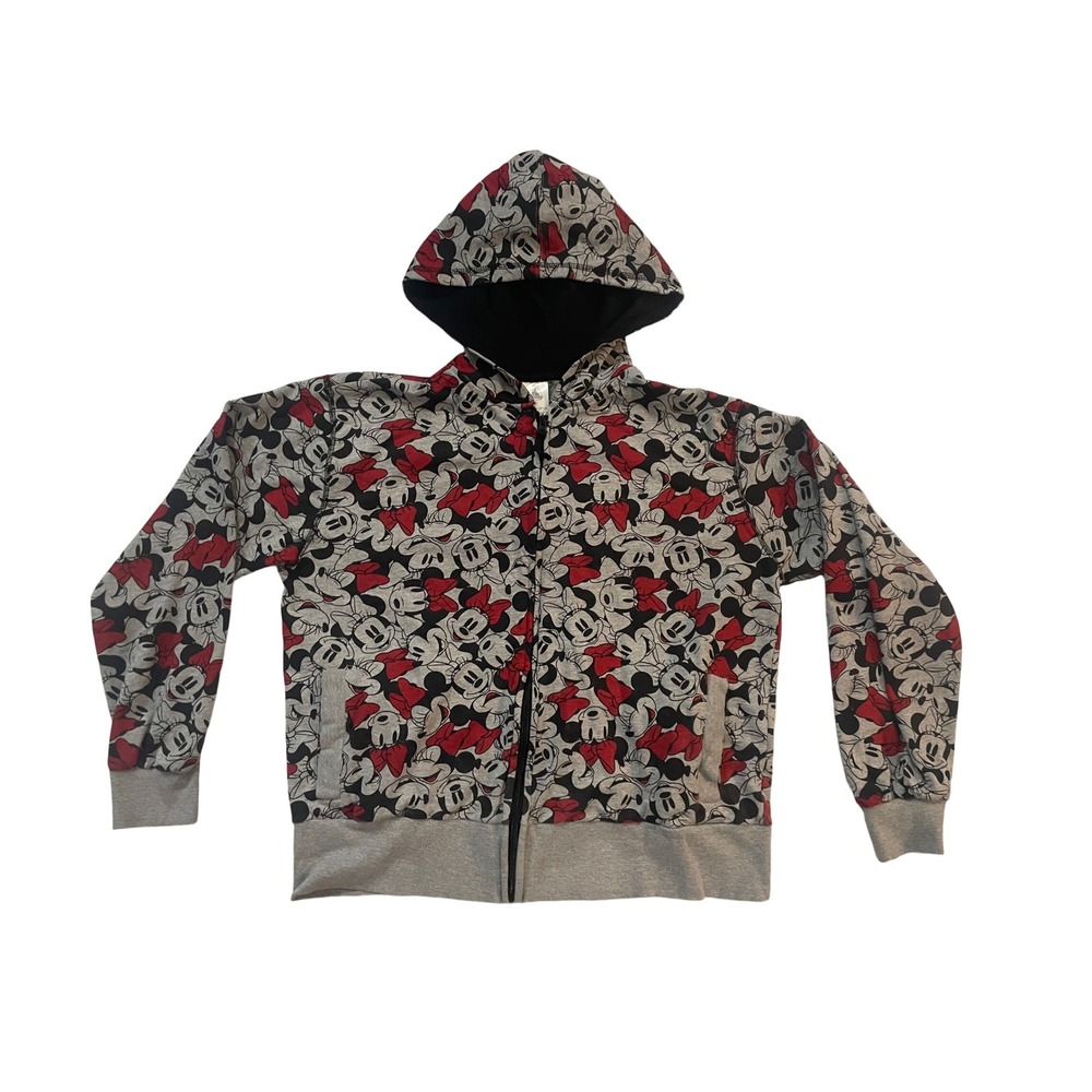 Disney Store Minnie Mouse All Over Print Hoodie Womens XL Gray Red Zip Jacket